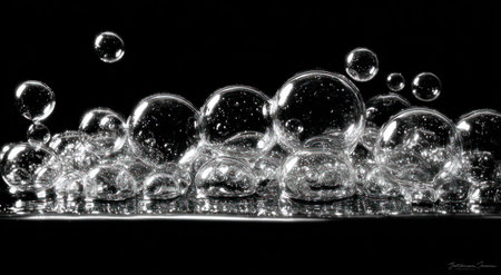 Close-up of clear bubbles against a stark black background, with reflectionsの素材