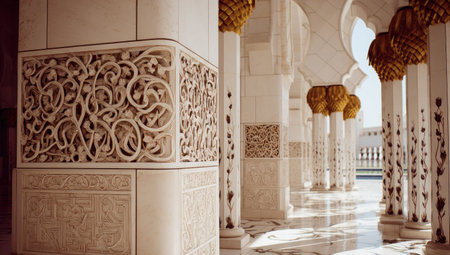 Intricate stone carvings adorn a colonnade with golden accents and marble floorsの素材