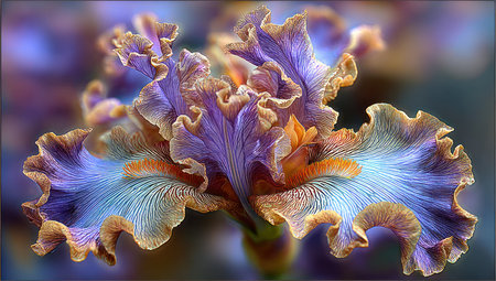Close-up of an intricately ruffled iris flower with vibrant purple and orange huesの素材