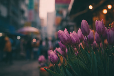 Close-up of vibrant pink tulips in a bustling urban market with blurry backgroundの素材