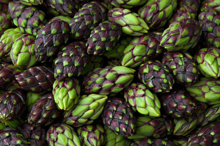 Close-up of artichoke hearts, showcasing green and purple hues. A pile of the edible budsの素材