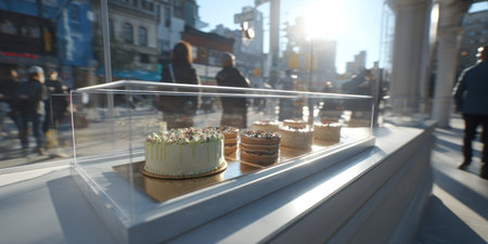 A display case of cakes sits outdoors on a sunny day. People and buildings are in the backgroundの素材