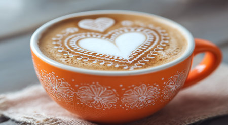 Close-up of coffee with heart art in an orange mug on a wooden surfaceの素材