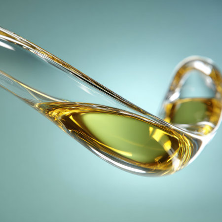 Abstract, fluid art, yellow liquid flowing in curved transparent glass, turquoise backdropの素材