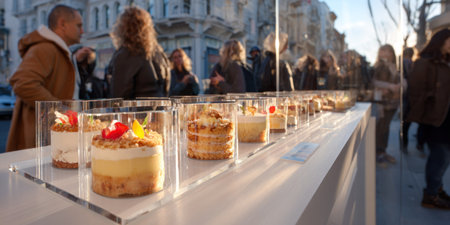 Outdoor display of small desserts in clear containers, with blurred people in the backgroundの素材