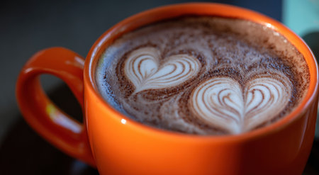 Close-up of coffee with two heart-shaped latte art designs in bright orange mugの素材