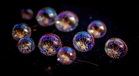 Close-up of clear bubbles reflecting delicate plant structures against a dark backgroundの素材