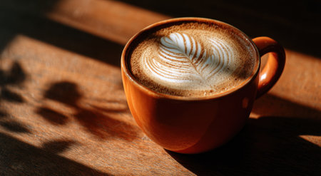 Close-up of coffee with latte art in a ceramic mug, with light and shadows on woodの素材