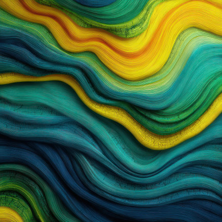 Abstract art with flowing lines, vibrant hues of teal, yellow, and orange blendingの素材