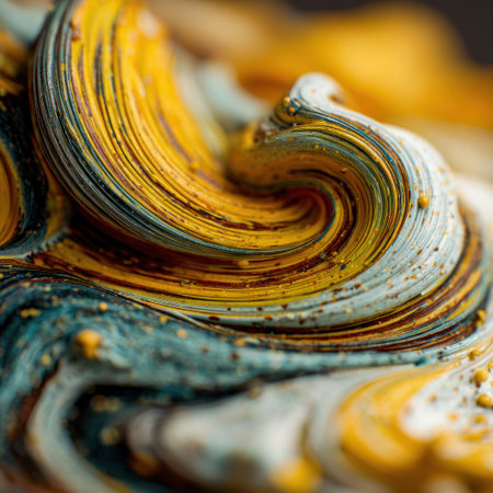 Macro view of layered, textured swirls of color, showing details in mixed paintの素材