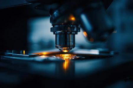Close-up of a gleaming microscope&#39;s objective lens with illuminated stageの素材