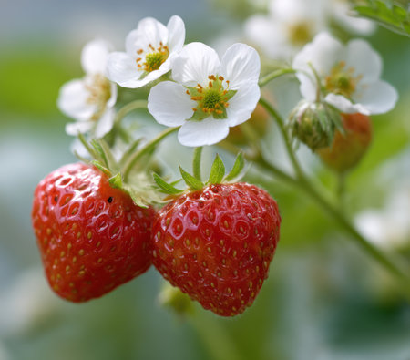 Close-up of ripe strawberries with delicate white blossoms and green foliageの素材