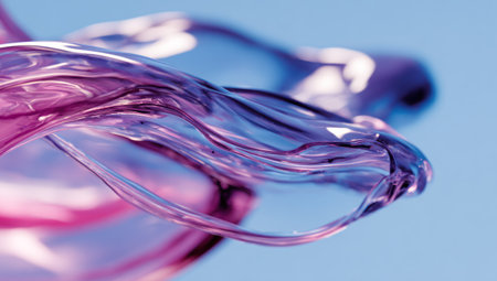 Abstract image of flowing, translucent, swirling forms, in pink and purple hues against blueの素材