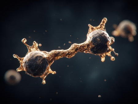 Abstract macro shot of two dark spheres connected by a fluid bridge, with splashesの素材