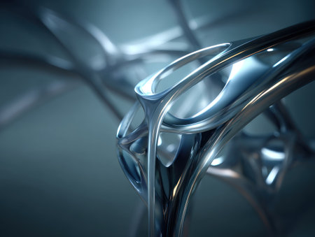 Abstract, metallic, flowing forms. Glossy, reflective surfaces, depth of field blur, cool tonesの素材