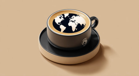 Coffee cup, world map on foam, sitting on a warmer, beige backgroundの素材
