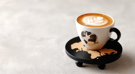 Latte in decorated mug on small stand, latte art, world map decor, on light backgroundの素材