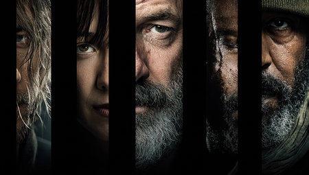 Split portrait showcasing six different human faces in vertical panels, half visibleの素材