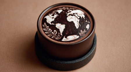 Close-up of coffee cup, cocoa world map design with olive branchesの素材