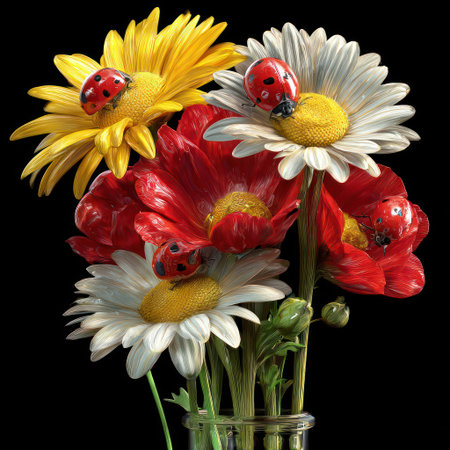 Bouquet of brightly colored flowers with ladybugs on a stark black backdropの素材