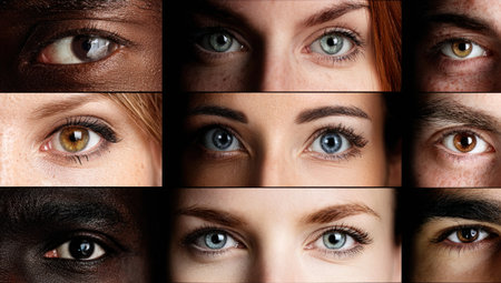 A collage of various human eyes close-ups showing diverse ethnicities and colorsの素材