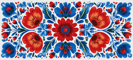 A vibrant, symmetrical floral design with red, blue, and green on a white backgroundの素材