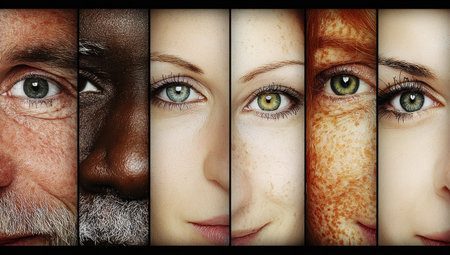 Composite image showing diverse faces, eyes &amp; complexions side-by-sideの素材