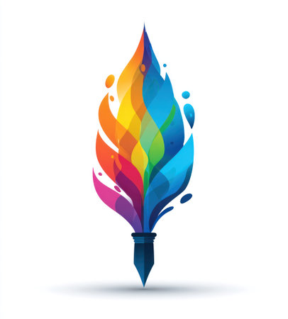 Abstract illustration of a pen tip with colorful, flame-like ink spurtsの素材