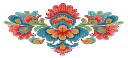 Colorful, symmetrical floral design with stylized leaves, petals, and swirls on a white backdropの素材