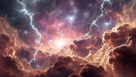 Stormy cosmos vista with nebulae, lightning, and stars creating a dramatic and ethereal sceneの素材