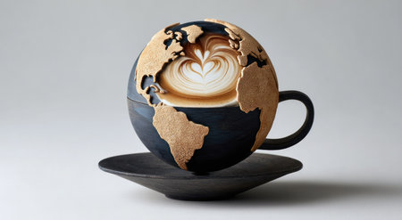 Globe-shaped coffee cup with continents carved away, revealing a heart-shaped latte artの素材