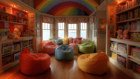 A colorful children&#39;s reading nook featuring bean bags, books, and a rainbow ceilingの素材