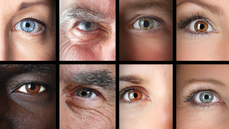 A mosaic of close-up human eyes in various colors, shapes, and skin tonesの素材