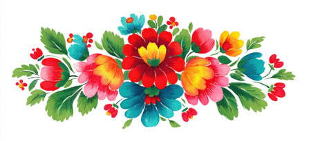 A vibrant floral design with colorful blooms and leaves, set against a plain white backgroundの素材