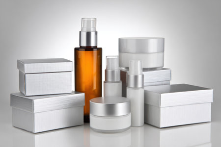 Skincare products arrangement, includes boxes, bottles, jars, and sprayers against gradientの素材