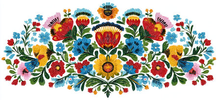 Colorful embroidered floral design with various flowers, leaves, and patterns on a white backdropの素材