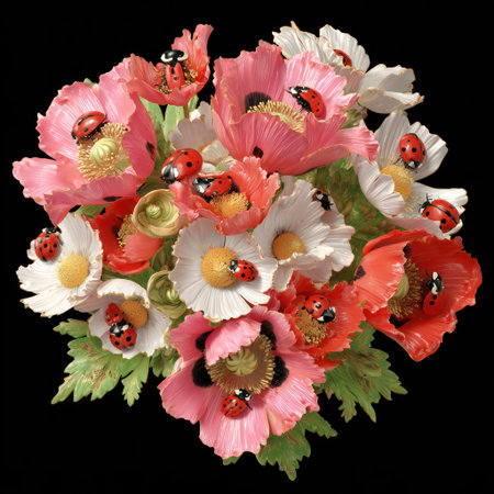 A ceramic floral sculpture showcases vibrant poppies and daisies with miniature ladybugsの素材