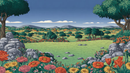 A sunny landscape reveals a vibrant meadow with flowers, trees, rocks and distant mountainsの素材