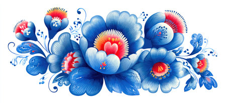 Vivid blue floral illustration featuring stylized flowers with red and yellow accents on whiteの素材