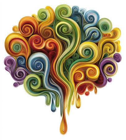 A vibrant, colorful, flowing swirl of paint-like forms, resembling a brain outlineの素材