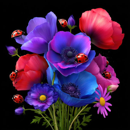 Vivid floral bouquet with ladybugs against a black backgroundの素材