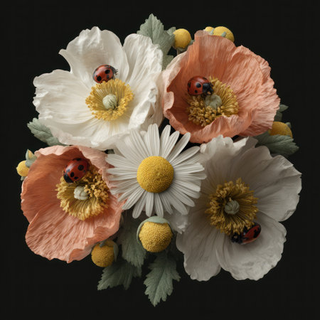 Close-up of layered paper flowers with ladybugs on petals, black backgroundの素材