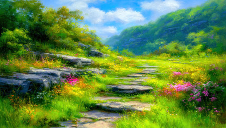 Stone steps lead through a vibrant wildflower meadow to a sunlit, hilly landscapeの素材