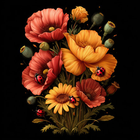 A vibrant floral arrangement of poppies and daisies with ladybugs against a black backgroundの素材