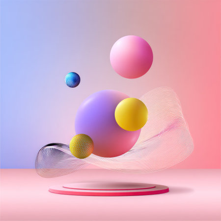 Floating spheres of various sizes and colors over a pink platform against a gradient backdropの素材