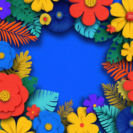 Colorful paper flowers and leaves border a blue space, creating a vibrant, stylized floral frameの素材