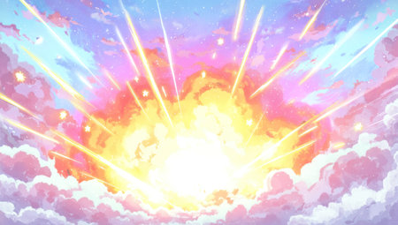 Animated scene of a brilliant explosion within a pastel-colored cloudscape, with star-like effectsの素材