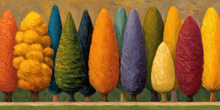 A row of colorful, stylized trees against a muted sky, with varying shades of colorの素材