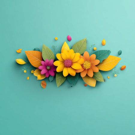 Vibrant paper-cut style floral arrangement with multi-colored flowers and leavesの素材