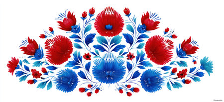 Floral design on white background, featuring red and blue stylized flowers and leavesの素材